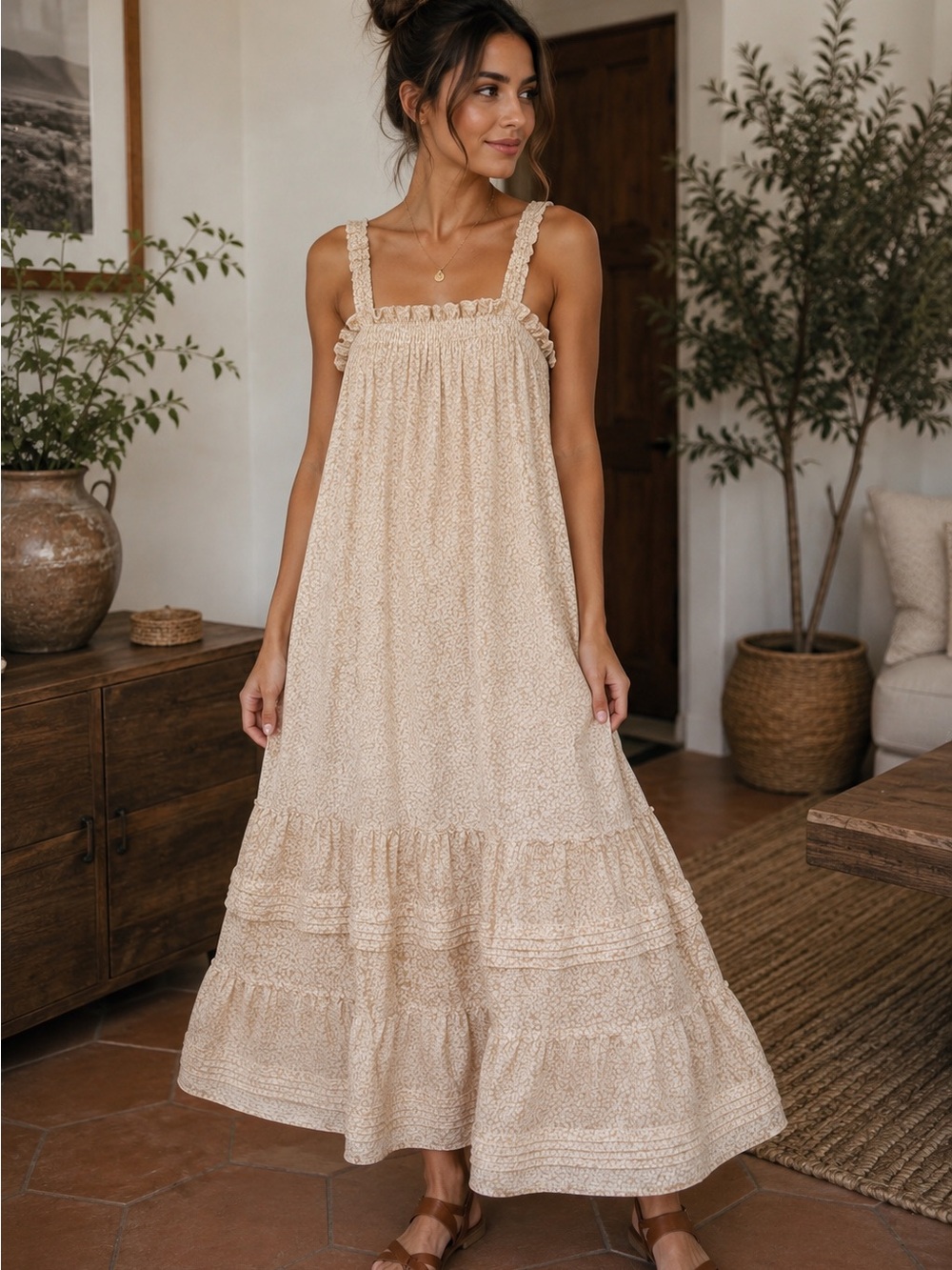Carly Jean Los Angeles Cream Ruffle-Trim Maxi Dress